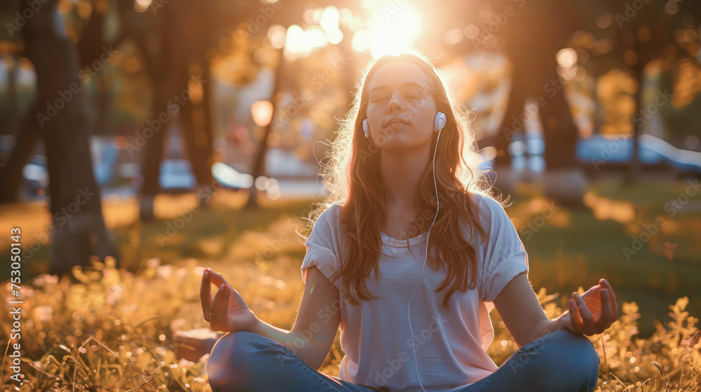 meditation at sunset. Woman meditating and doing yoga in park in the evening. She is free to reset her mind, soul and consciousness after a working day. Concept for growth, success, goal achievement - obrazy, fototapety, plakaty 
