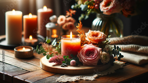 burning candle and beautiful flowers arranged on a wooden table indoors