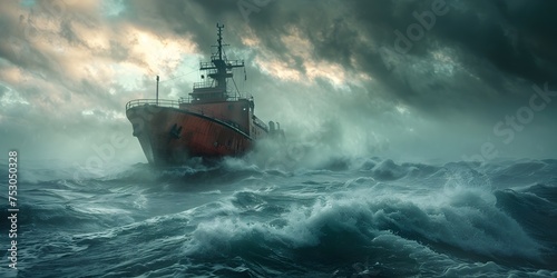 Red Rescue Ship in Rough Ocean, To convey a sense of danger and emergency at sea, with a striking and memorable image for advertising or editorial
