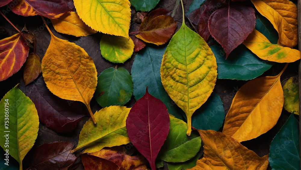 Various colored leaves fulfill the background, closeup. generative AI