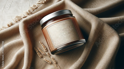 mockup on a glass jar with a handmade candle, set against a coarse textile background