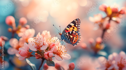 butterfly on the blossoming cherry tree, in the style of soft pastel hues, golden light, photo-realistic landscapes, light indigo and pink. © Mujahid