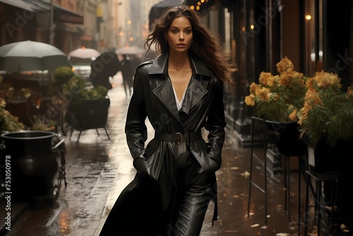 Styled in a sophisticated trench coat and heels, the model's poised demeanor exudes timeless elegance against a backdrop of rain-slicked city streets. photo