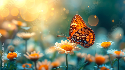 butterfly on the blossoming cherry tree, in the style of soft pastel hues, golden light, photo-realistic landscapes, light indigo and pink. © Mujahid