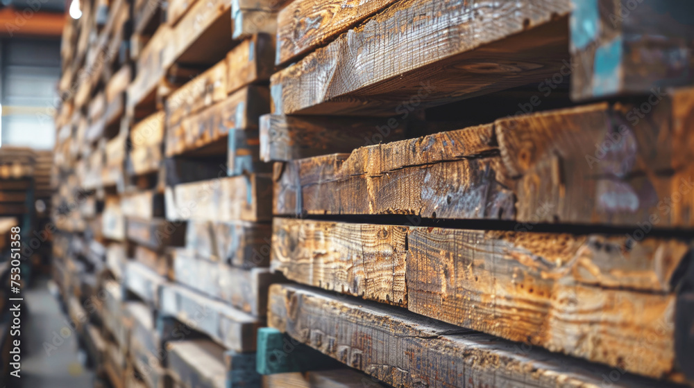 A close-up view of tightly stacked wooden beams in a warehouse. Construction store, sawmill, timber. A close-up view of tightly stacked wooden beams in a warehouse. Construction store, sawmill, timber.