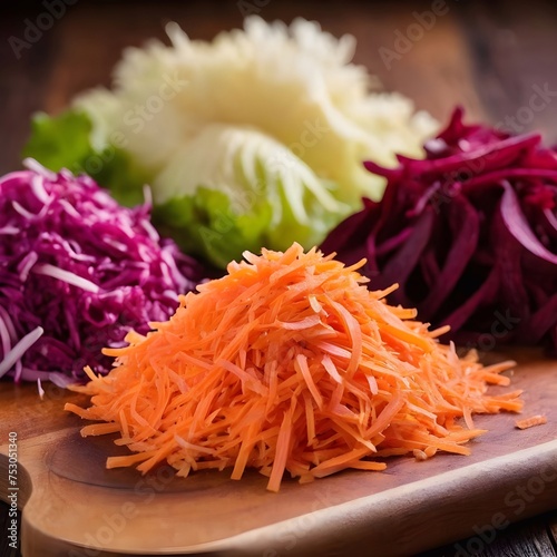 Vegan food. Colorful Shredded Vegetables Prepared for Healthy Salad on Wooden Cutting Board photo