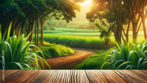 empty wooden brown table top, with a softly blurred background of a lush sugarcane plantation