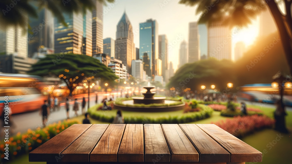 empty wooden table, with the hustle of the city and the calm of a park blurred in the background
