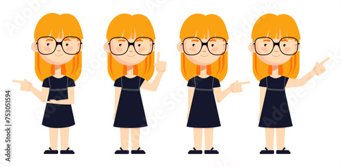 Set of cute girl lecturer with glasses with a smile points to something. Commitment, training, to attract attention. Vector illustration isolated on white background.