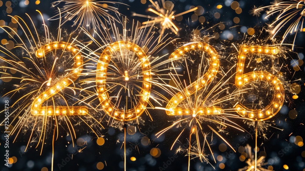 2025 new year holiday greeting card with golden numbers on dark background with fireworks and bokeh