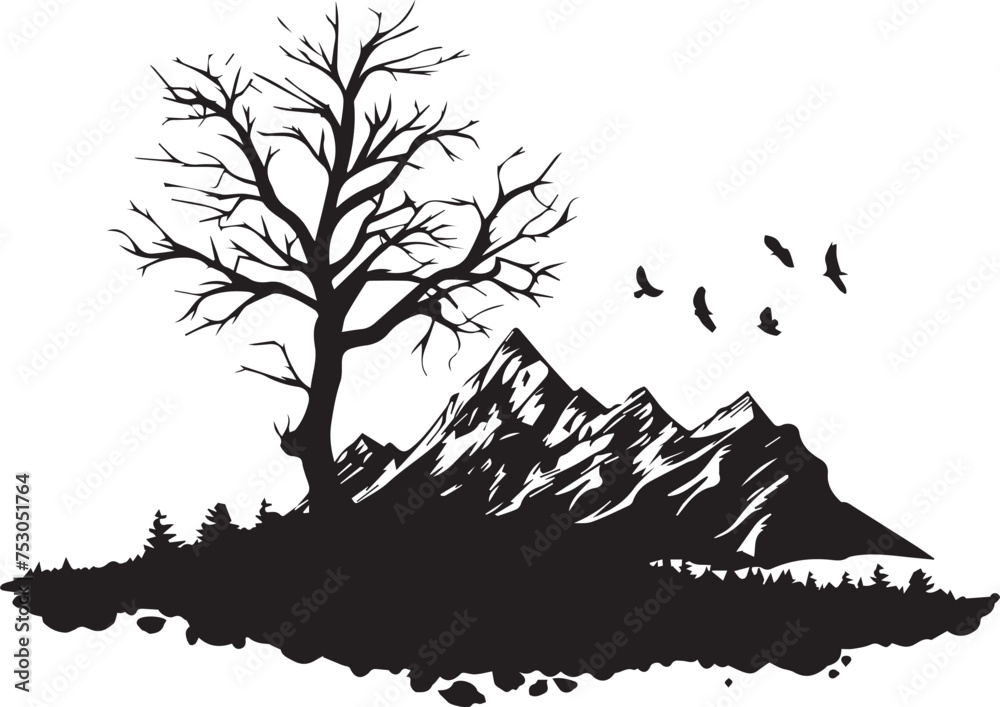 Fototapeta premium Black and white mountain range with dead tree and flying birds on white background