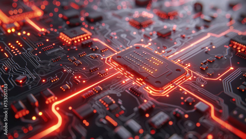 Futuristic Circuit Board with Microchip and Red Neon Traces