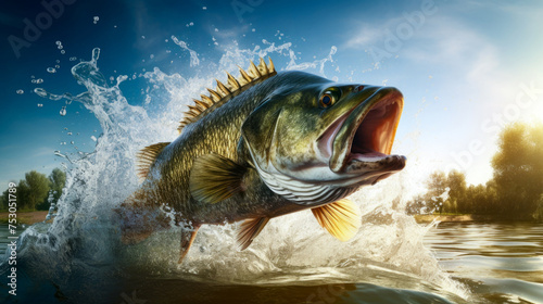 An impressive scene of a large bass fish leaping out of the water with vigor