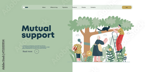 Mutual Support: Rescue cat from tree -modern flat vector concept illustration of elderly woman and man on a ladder under the tree Metaphor of voluntary, collaborative exchanges of resource, services