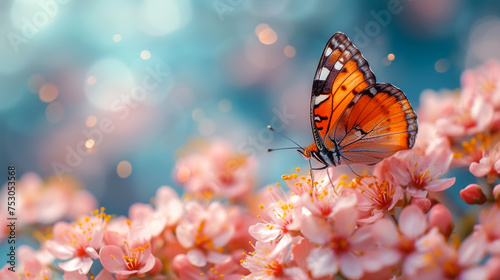 Spring background with pink blossom and fly butterfly. Beautiful nature scene with blooming tree and sun flare