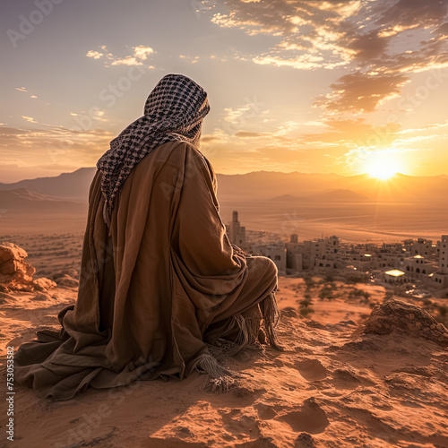 Beduine, Araber in traditioneller Kleidung, sitzt auf einem Berg und schaut in den Sonnenuntergang über der Wüste, Generative AI photo