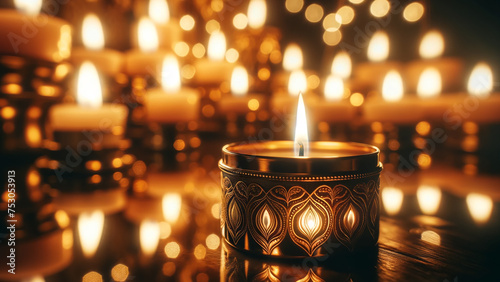 A burning candle captured with its reflection, set against a candlelight-infused background