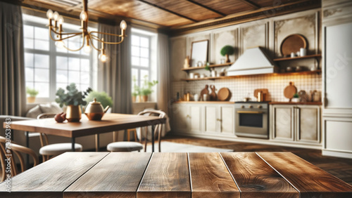  wooden table at the forefront with a kitchen interior