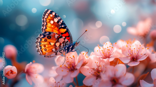 Spring background with pink blossom and fly butterfly. Beautiful nature scene with blooming tree and sun flare © Mujahid