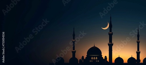 Golden crescent moon mosque silhouette on dark background, elegant minimalist design with text space