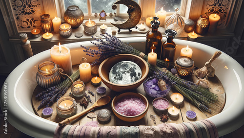 spiritual aura cleansing ritual bath setup for a full moon ritual, featuring candles, aromatic salt