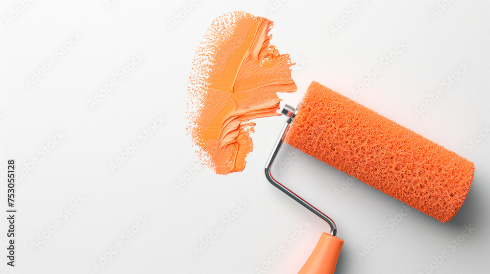 Obraz premium Paint Roller with peach paint banner. painting wall Painting apartment, renovating with trendy peach color paint. Decoration Materials special offer, sale banner.