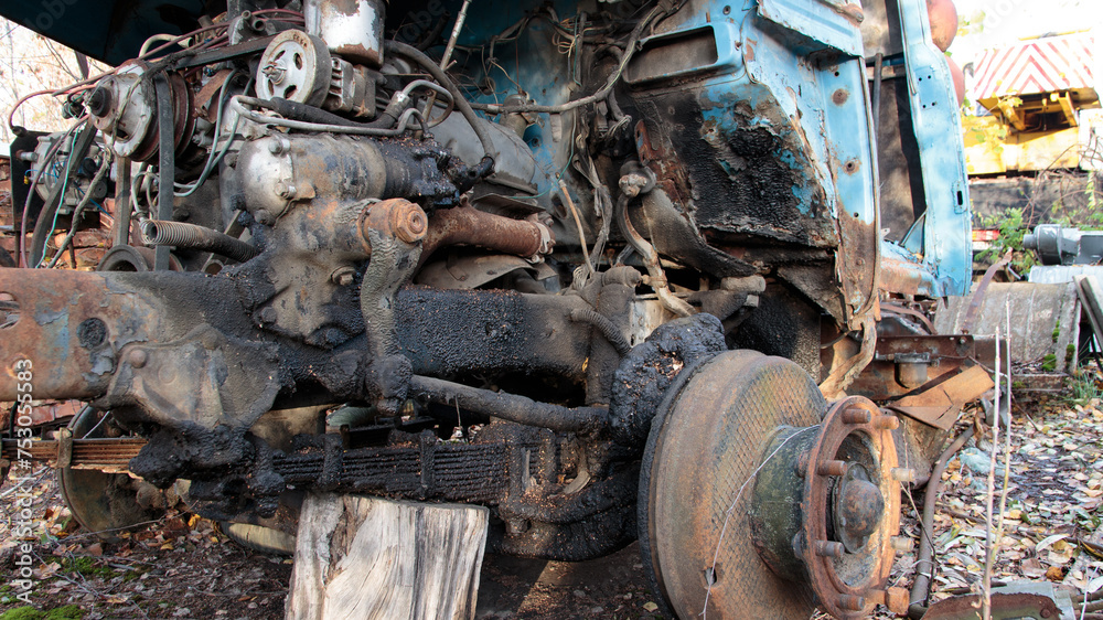 idle rusty car. close-up of a disassembled Soviet-style car