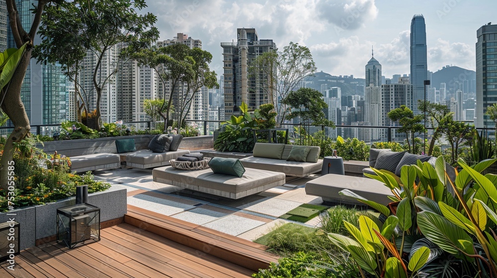 Fototapeta premium Urban Oasis, rooftop garden as a serene urban oasis amidst the bustling cityscape, generative AI