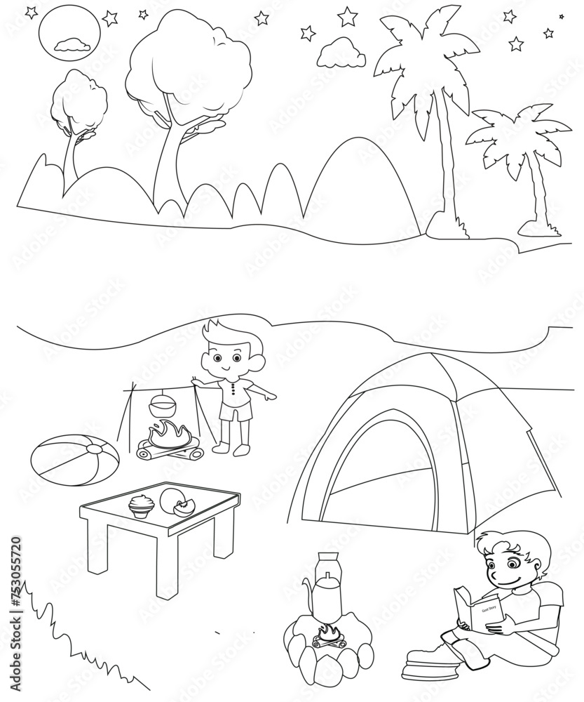 camping coloring book page for kids