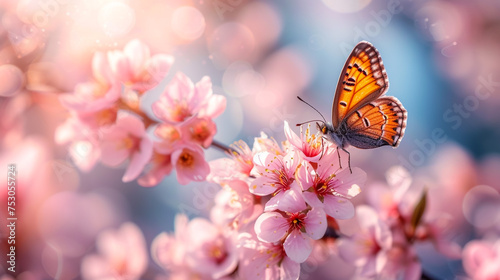 a small butterfly with blue,brown,and white markings on a tree branch of sakura flowers, butterfly on pink flower in garden, nature and insect concept © Grafics