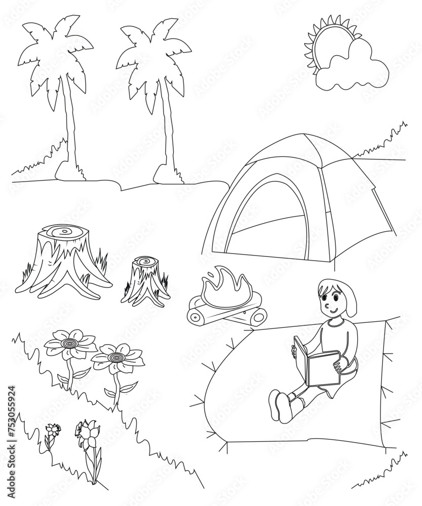 Obraz premium camping coloring book page for kids