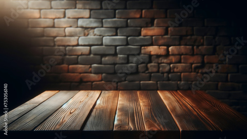 empty brown wooden table  with the old black brick wall blurred in the background 