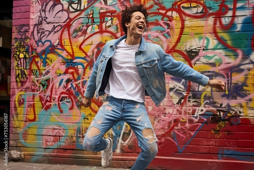 Sporting a casual denim jacket and sneakers, the model's carefree laughter resonates against a backdrop of colorful graffiti-covered walls.