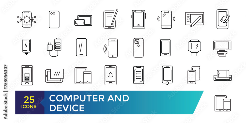 Computer and Device icon set. Devices flat line icons set. Pc, laptop, computer, smartphone, desktop, office copy machine vector illustrations.