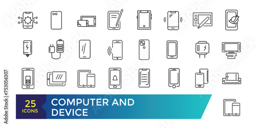 Computer and Device icon set. Devices flat line icons set. Pc, laptop, computer, smartphone, desktop, office copy machine vector illustrations.