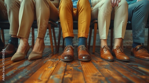 Close up of peoples legs sitting on a chairs waiting for a job interview