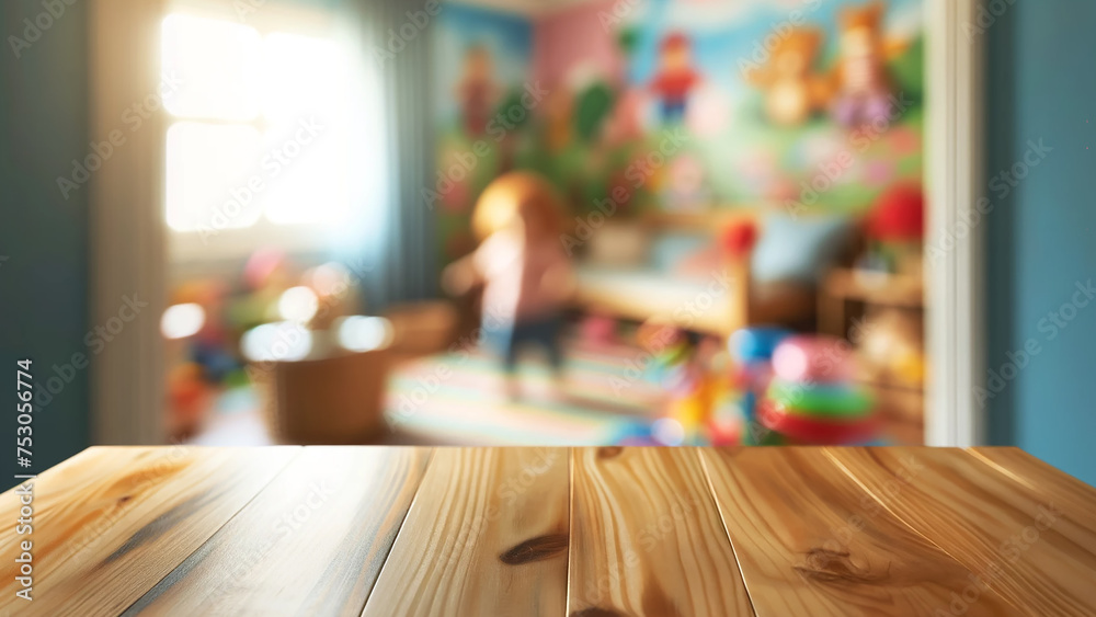 empty wooden table blurred interior of a kids room