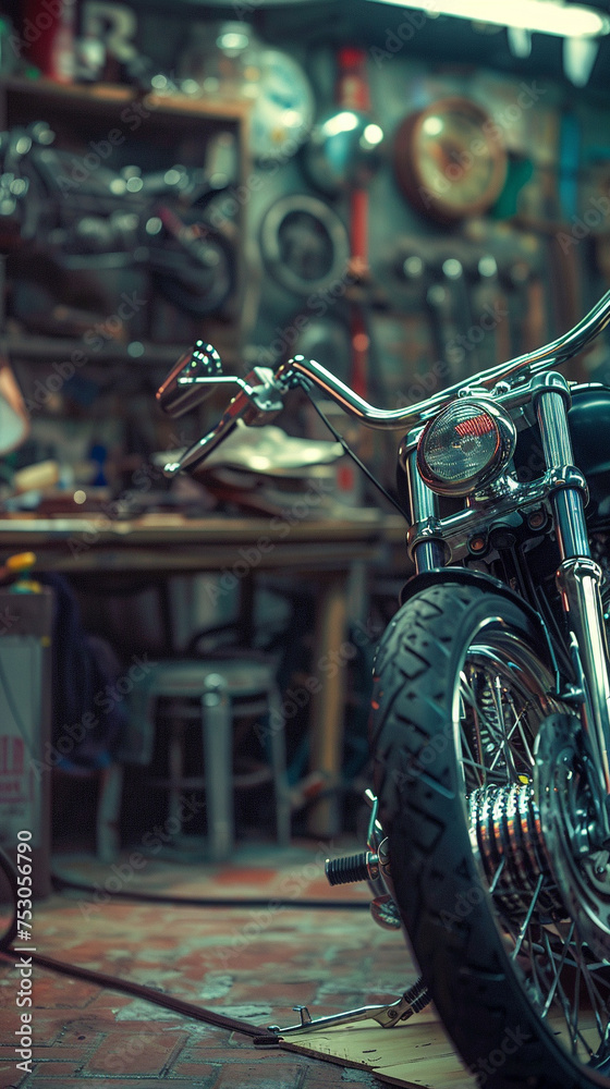 Fototapeta premium Custom motorcycle with chrome detailing, parked inside a rustic workshop.