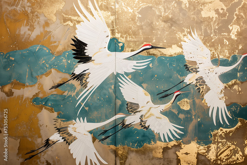 Red-crowned crane art hand-painted,acrylic oil painting,Japanese style meticulous painting flying crane,golden background,waves and sky,idle clouds and wild cranes,abstract colorful brush paint