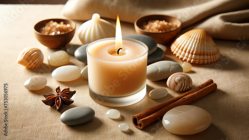 vanilla candle burning softly on a beige background, surrounded by stones, creating a warm
