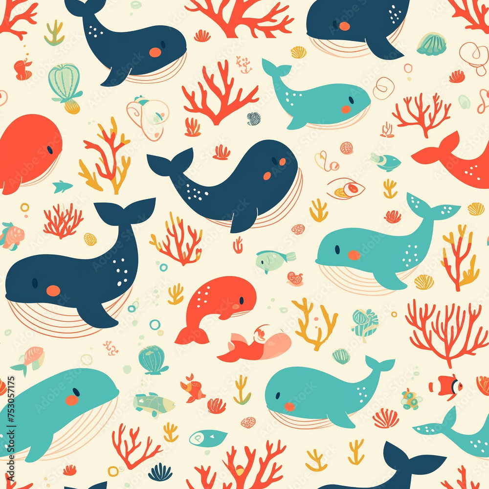 Underwater-themed pattern with whales and coral, a playful marine life illustration.