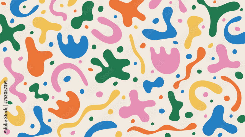 Fun colorful pattern of abstract liquid shapes and blobs in various colors on beige background. Vector art with matisse style hand drawn figures and lines