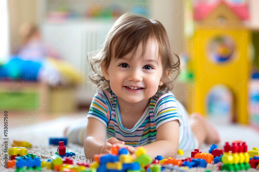 Smiling toddler amidst colorful building blocks in a bright playroom Smiling toddler amidst colorful building blocks in a bright playroom