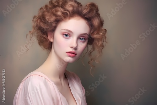 Soft pastels and gentle fabrics adorn a female model with a sweet and innocent aura, her light makeup enhancing her natural beauty as she poses against a calming, solid background.