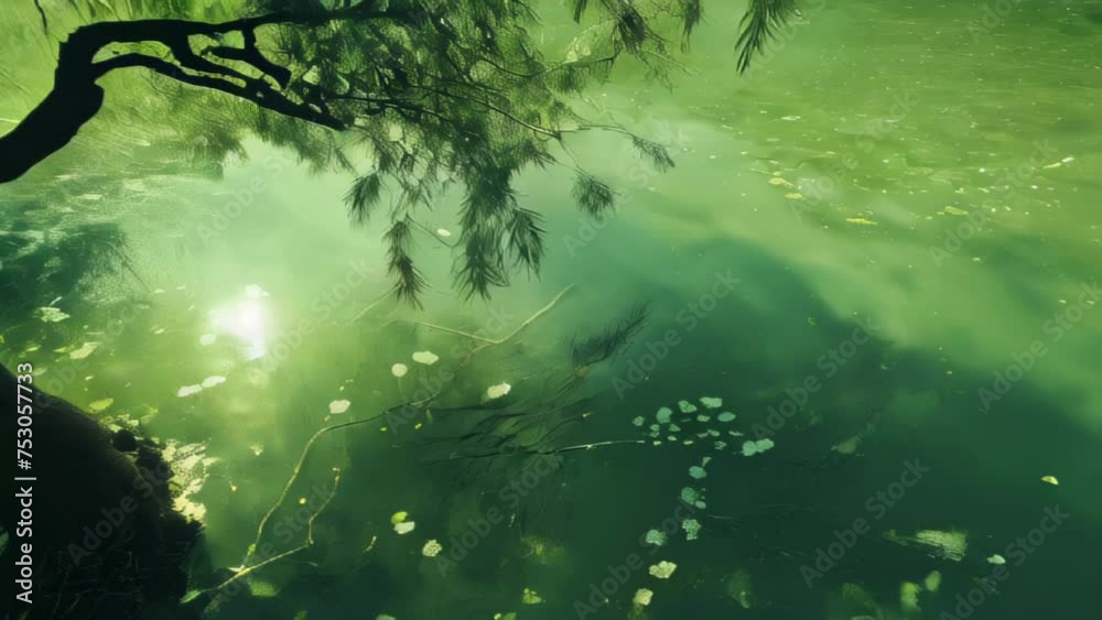 A forest bathed in a mystical green light is reflected on the tranquil surface of a lake. Glowing particles fall from the trees, creating a magical ambiance.
