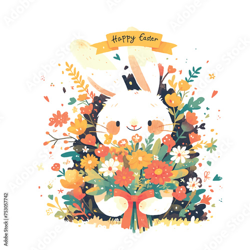 A rabbit holding a bouquet of flowers and a ribbon that says Happy Easter. The bunny is cute and the flowers are bright and colorful  giving the image a cheerful and festive mood
