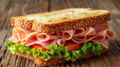 Delicious triangle sandwich with ham, cheese, tomato, and fresh salad ingredients