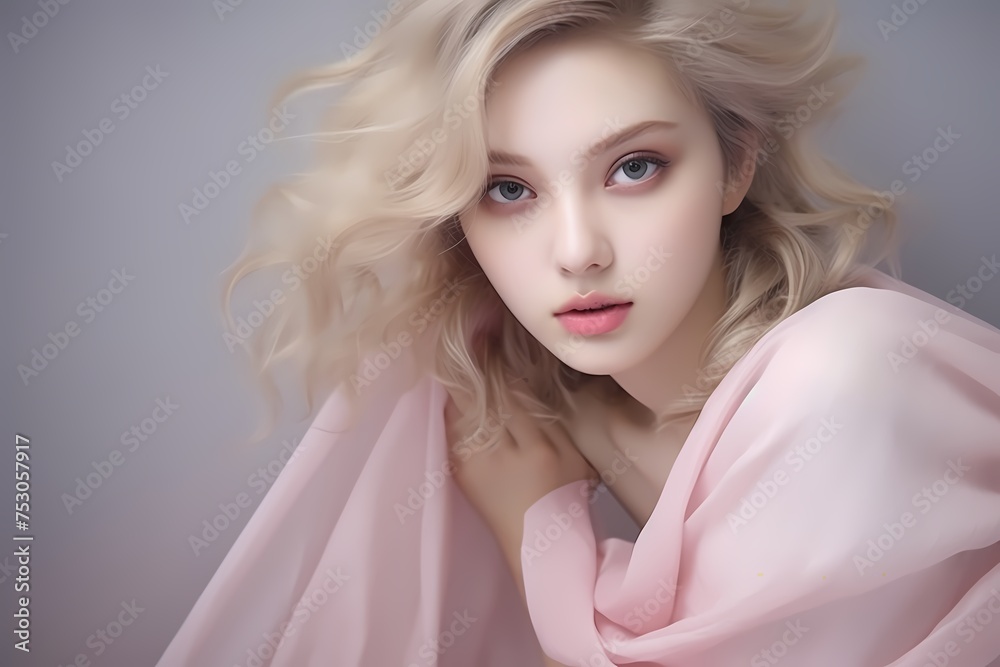 Soft pastels and gentle fabrics adorn a female model with a sweet and innocent aura, her light makeup enhancing her natural beauty as she poses against a calming, solid background.