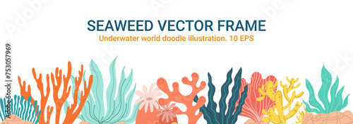 Banner with multi-colored flat sea animals vector on a white background. Marine frame