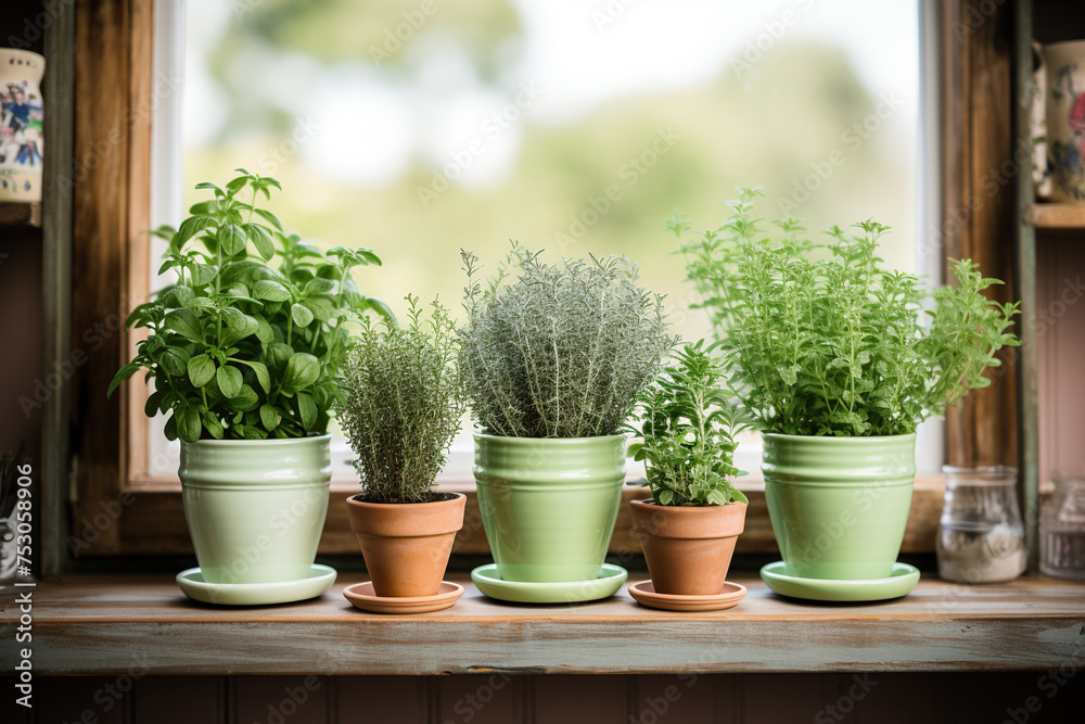 Basil, rosemary, thyme in old pots on a wooden shelf. Generated by artificial intelligence